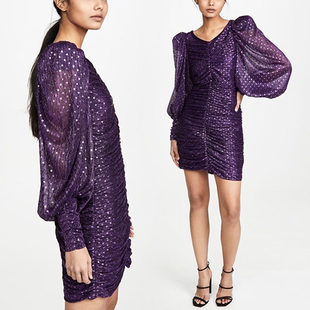 For Love And Lemons La Villette Purple Metallic Polka Dot Draping Mini Dress XS